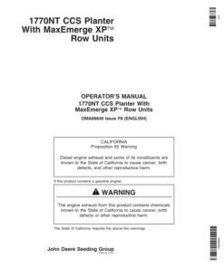 John Deere 1770NT CCS Planter (12/16/24 Row) w/MaxEmerge XP Row Units Operator's Manual (OMA86840)