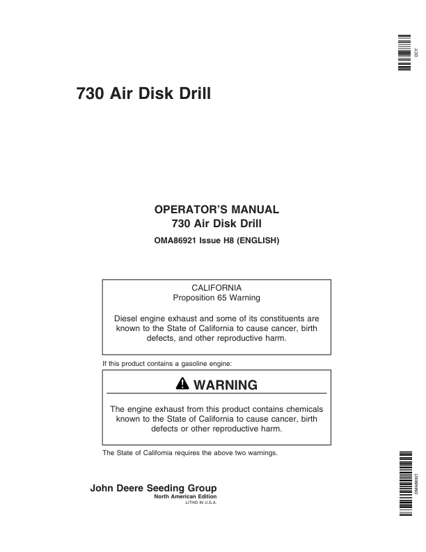John Deere 730 Air Disk Drill (730101-) (North American) Operator's Manual (OMA86921)