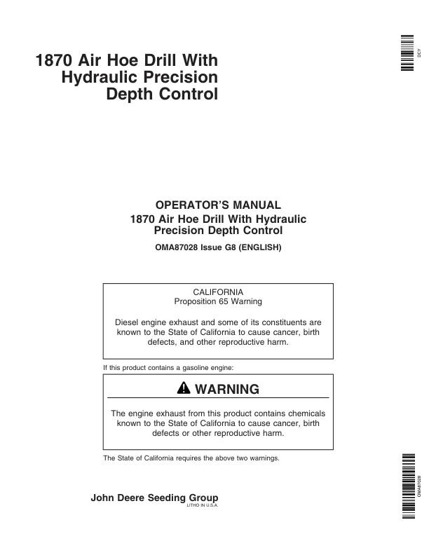 John Deere 1870 Air Hoe Drill North America (730101-735100) Operator's Manual (OMA87028)