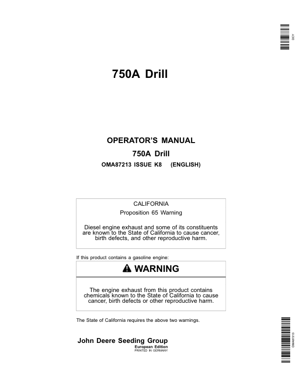 John Deere 750A Grain Drill European Edition (730101-755100) Operator's Manual (OMA87213)