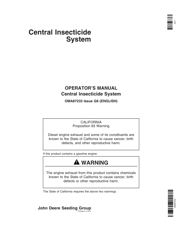 John Deere Central Insecticide System (-730999) Operator's Manual (OMA87233)
