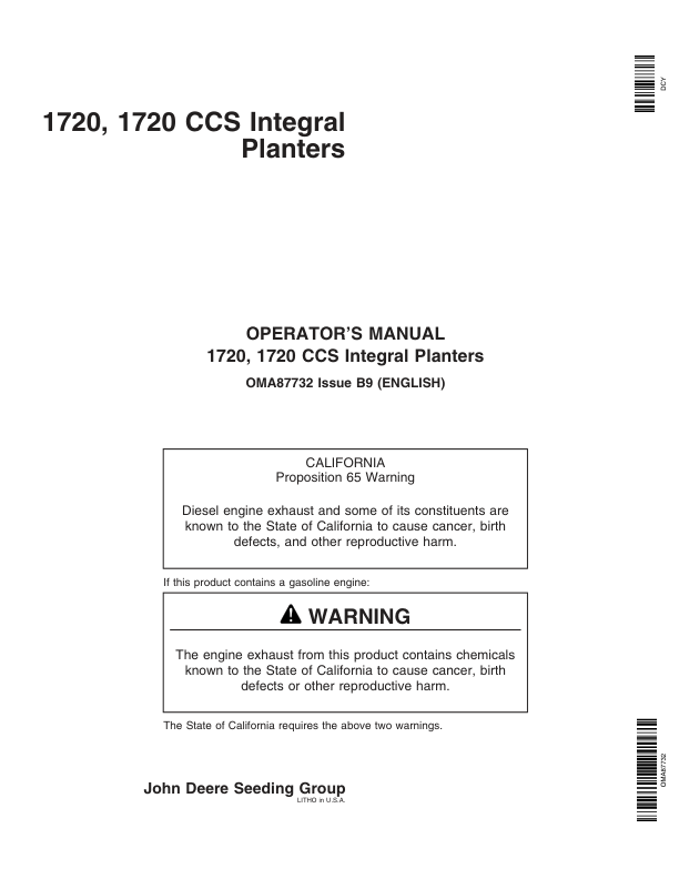 John Deere 1720 Stack-Fold Integral Planter (735101-) Operator's Manual (OMA87732)