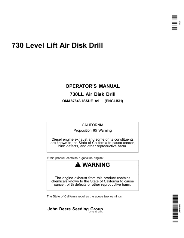 John Deere 730 Level Lift Air Disk Drill North America (730101-735100) Operator's Manual (OMA87843)