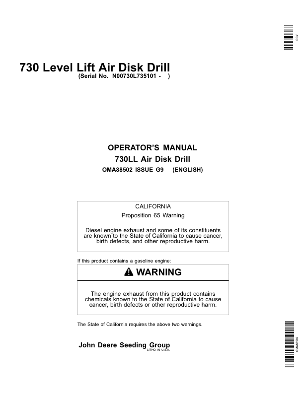 John Deere 730 Level Lift Air Disk Drill North America (735101-740100) Operator's Manual (OMA88502)