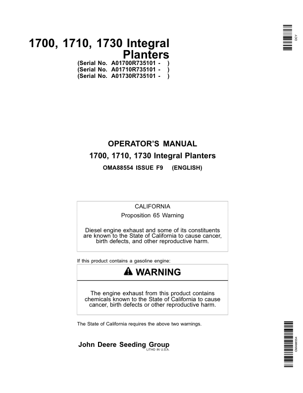 John Deere 1700, 1710 & 1730 Integral Planters North America & Australia Edition (735101-740100) Operator's Manual (OMA88554)