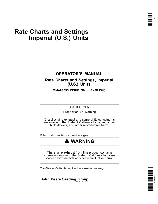 John Deere Rate Charts & Settings Standard Units (735101-740100) Operator's Manual (OMA88595)
