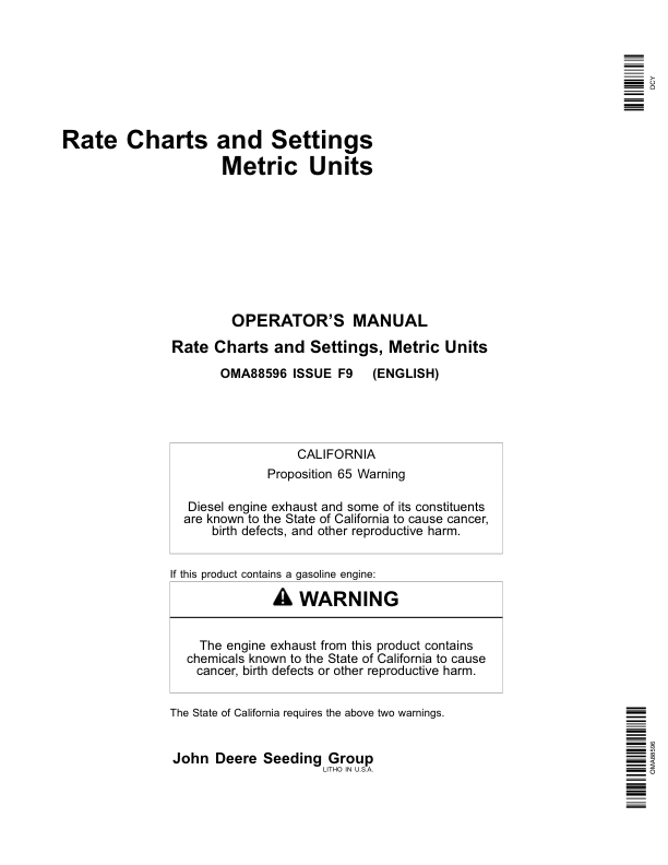 John Deere Rate Charts & Settings Metric Units (735101-410100) Operator's Manual (OMA88596)