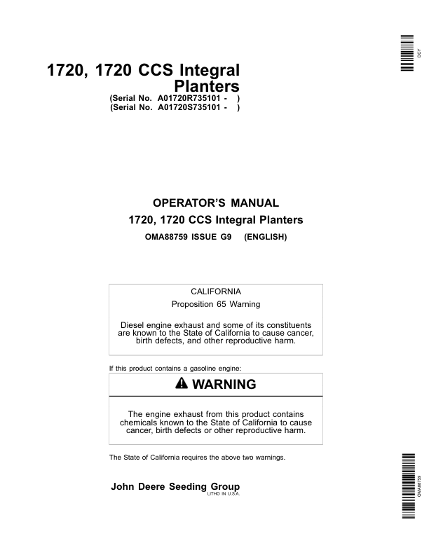 John Deere 1720, 1720 CCS Integral Planters (735101-) Operator's Manual (OMA88759)