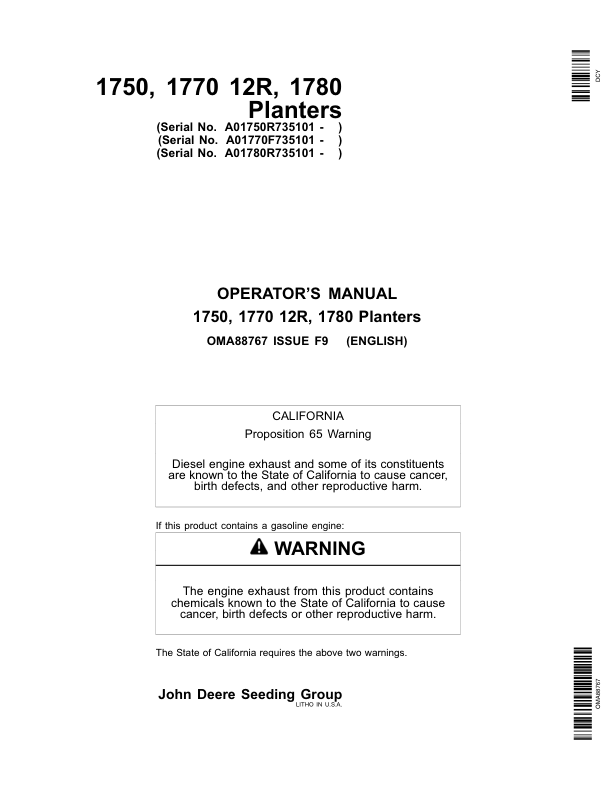 John Deere 1750, 1770 12R, 1780 Planters (735101-) Operator's Manual (OMA88767)