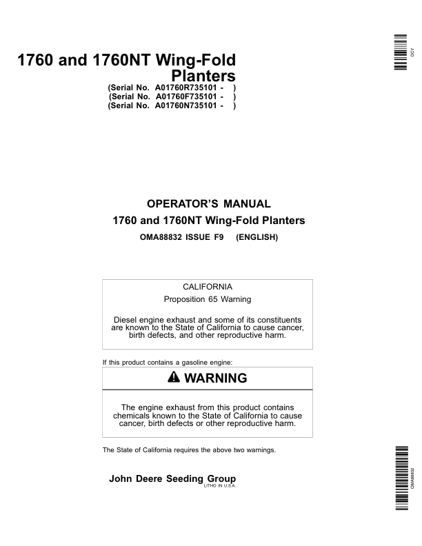 John Deere 1760, 1760NT 6-RN, 8-RN, 8-RW, 12-RN Wing-Fold Planters (735101-) Operator's Manual (OMA88832)