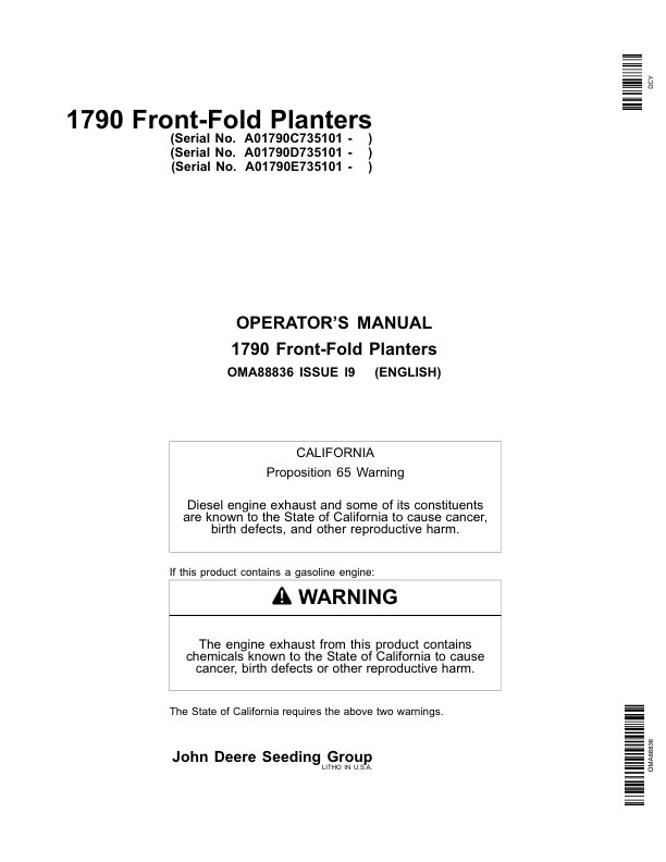 John Deere 1790 Front-Fold Planters (735101-) Operator's Manual (OMA88836)
