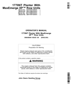 John Deere 1770NT 12/16/24 Row Planter with MaxEmerge XP Row Units Operator's Manual (OMA88840)