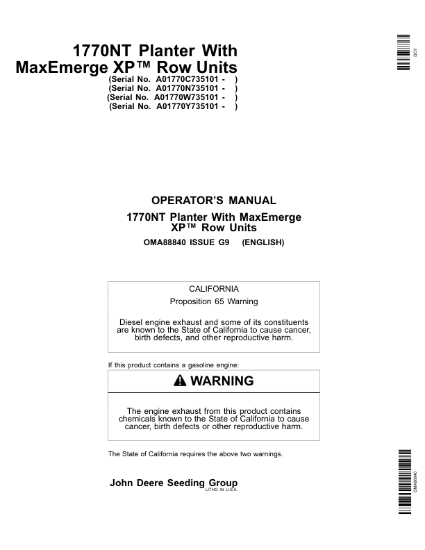 John Deere 1770NT 12/16/24 Row Planter with MaxEmerge XP Row Units Operator's Manual (OMA88840)