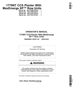 John Deere 1770NT CCS Planter (12/16/24 Row) w/MaxEmerge XP Row Units Export Edition (735101-740100) Operator's Manual (OMA88860)