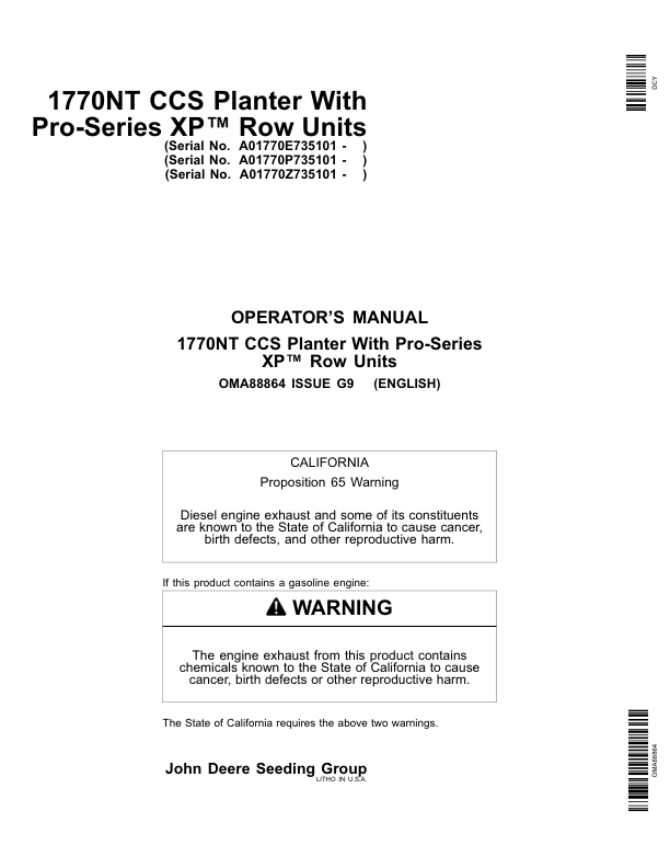 John Deere 1770NT 12/16/24 Row CCS ProSeries Planter with XP Row Units Operator's Manual (OMA88864)