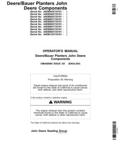 John Deere Components for DB44, DB58, DB60, DB66, DB80, DB88, DB90, & DB120 Deere/Bauer Planters Worldwide Edition (735101-740100) Operator's Manual (OMA88869)