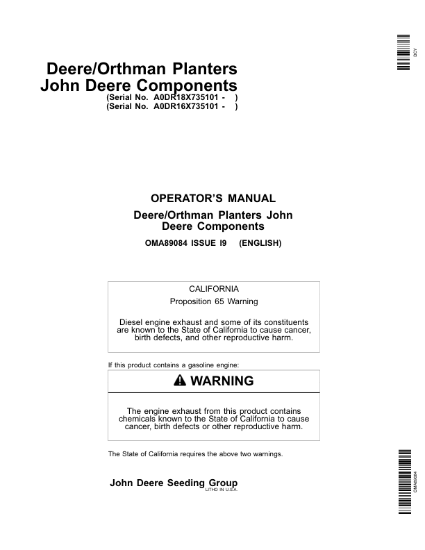 John Deere Components for Deere/Orthman Planters Worldwide Edition (735101-740100) Operator's Manual (OMA89084)