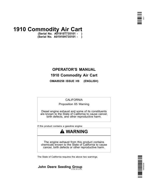 John Deere 1910 Commodity Air Cart (Ground Driven) North America (735101-740100) Operator's Manual (OMA89258)