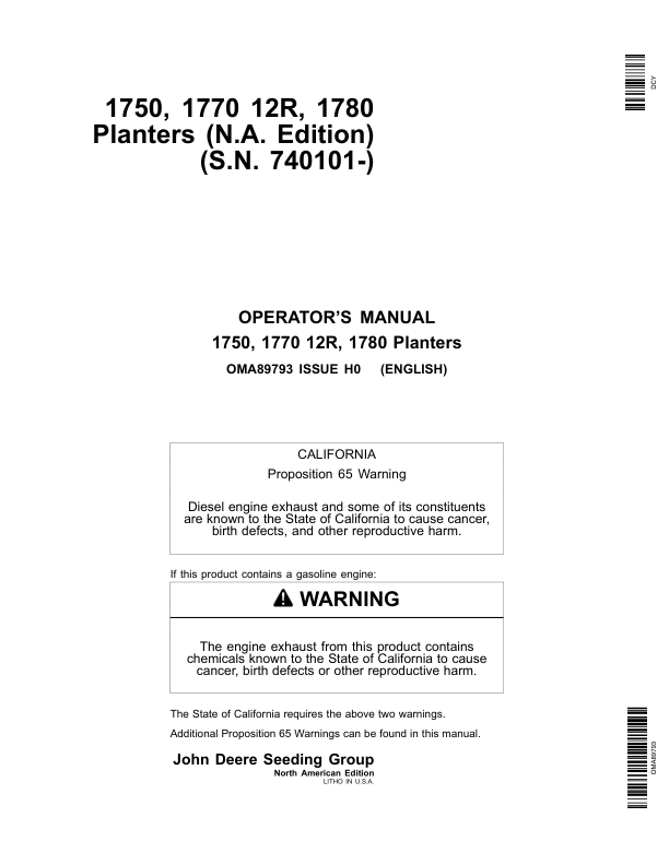 John Deere 1750, 1770 12R, 1780 Planters (S.N. 740101-) Operator's Manual (OMA89793)