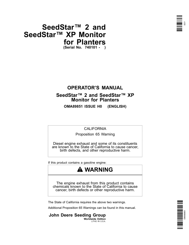 John Deere SeedStar 2 & SeedStar XP Monitor Worldwide Edition (740101-745100) Operator's Manual (OMA89851)