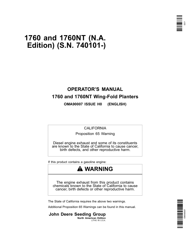John Deere 1760, 1760NT (740101-) Operator's Manual (OMA90007)