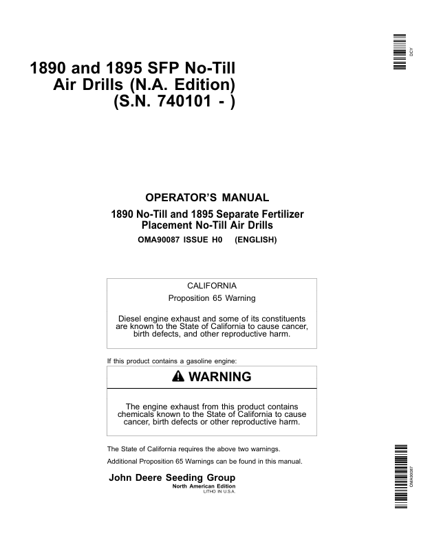 John Deere 1890 & 1895-SFP No-Till Air Drills Americas Edition (740101-745100) Operator's Manual (OMA90087)