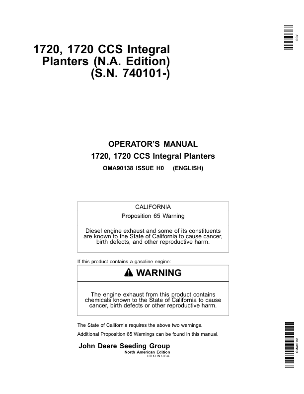 John Deere 1720, 1720 CCS Integral Planters (740101-) Operator's Manual (OMA90138)