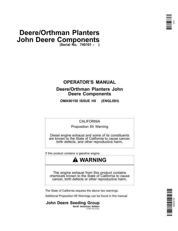 John Deere Components for Deere/Orthman Planters Worldwide Edition (740101-745100) Operator's Manual (OMA90150)