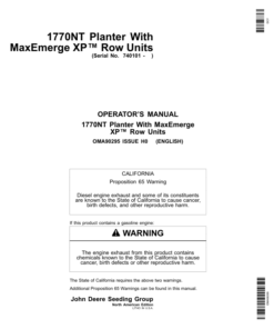 John Deere 1770NT 12/16/24 Row Planter with MaxEmerge XP Row Units Operator's Manual (OMA90295)