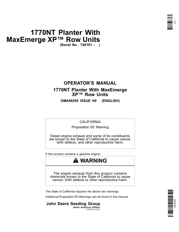 John Deere 1770NT 12/16/24 Row Planter with MaxEmerge XP Row Units Operator's Manual (OMA90295)