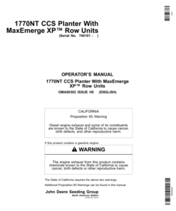 John Deere 1770NT CCS Planter (12/16/24 Row) w/MaxEmerge XP Row Units Operator's Manual (OMA90302)