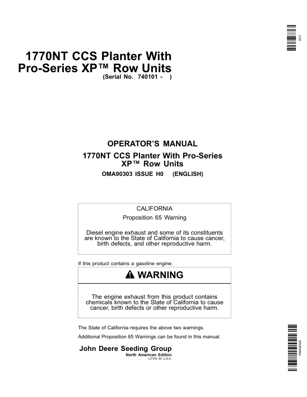 John Deere 1770NT CCS Pro-Series Planter 12/16/24 Row w/ XP Row Units Operator's Manual (OMA90303)