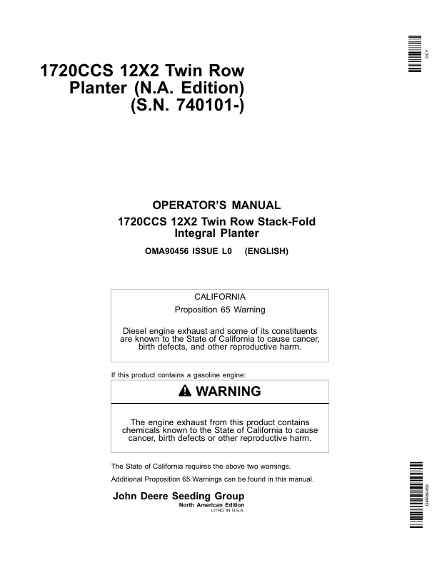 John Deere 1720CCS 12x2 Twin Row Planter Operator's Manual (OMA90456)