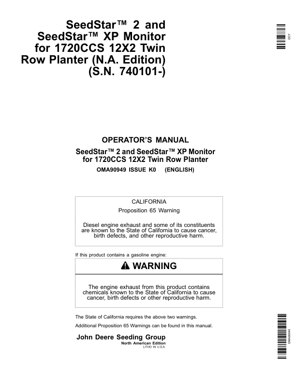 John Deere Seedstar 2, Seedstar XP Monitor for 1720CCS 12x2 Twin Row Planter (740101-) Operator's Manual (OMA90949)