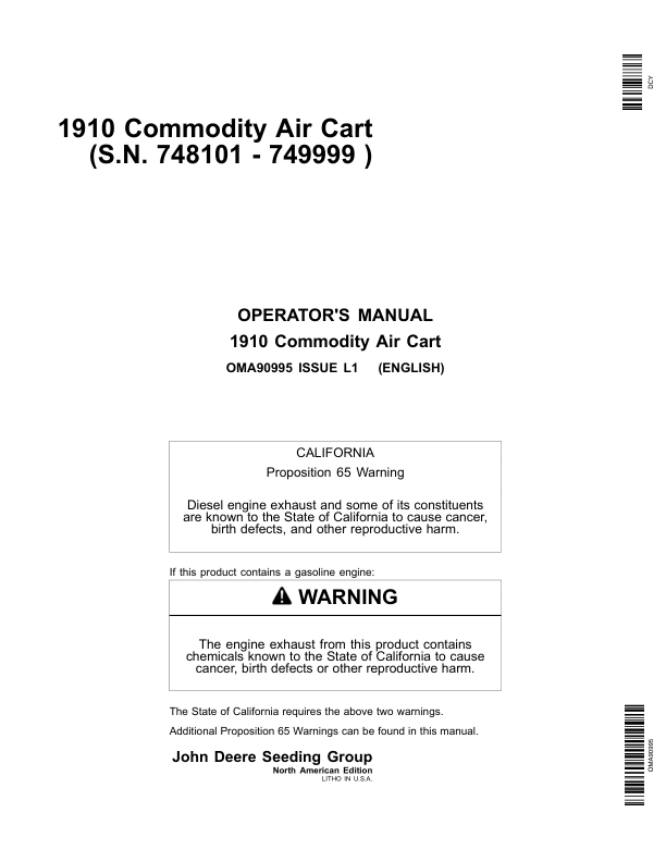 John Deere 1910 Commodity Air Cart (Ground Driven) North America (748101-750100) Operator's Manual (OMA90995)
