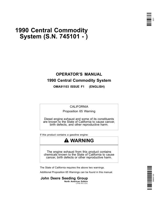 John Deere 1990 Central Commodity System North America (745101-750100) Operator's Manual (OMA91103)