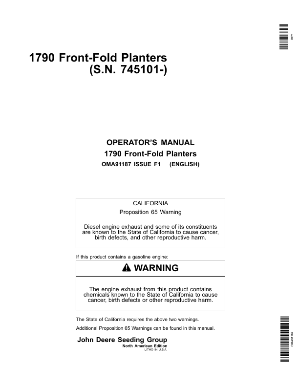 John Deere 1790 Front-Fold Planters (745101-) Operator's Manual (OMA91187)