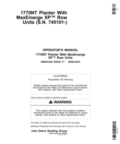John Deere 1770NT 12/16/24 Row Planter with MaxEmerge XP Row Units Operator's Manual (OMA91202)