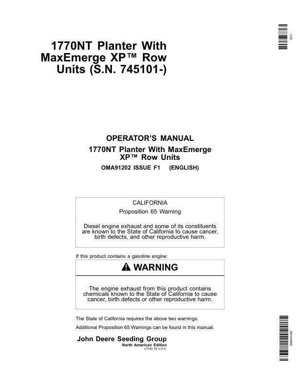 John Deere 1770NT 12/16/24 Row Planter with MaxEmerge XP Row Units Operator's Manual (OMA91202)