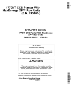 John Deere 1770NT CCS Planter (12/16/24 Row) w/MaxEmerge XP Row Units Operator's Manual (OMA91222)
