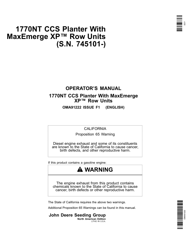 John Deere 1770NT CCS Planter (12/16/24 Row) w/MaxEmerge XP Row Units Operator's Manual (OMA91222)