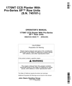 John Deere 1770NT CCS Pro-Series Planter 12/16/24 Row w/ XP Row Units Operator's Manual (OMA91234)