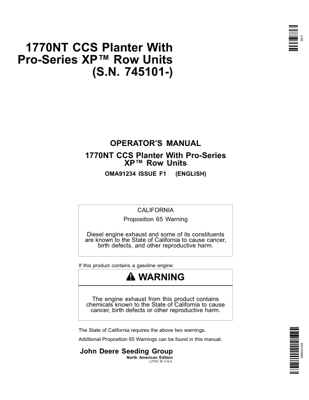 John Deere 1770NT CCS Pro-Series Planter 12/16/24 Row w/ XP Row Units Operator's Manual (OMA91234)