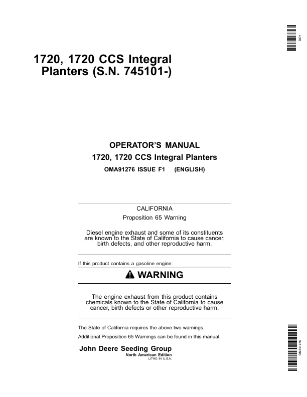 John Deere 1720 CCS Integral Planters (745101-) Operator's Manual (OMA91276)
