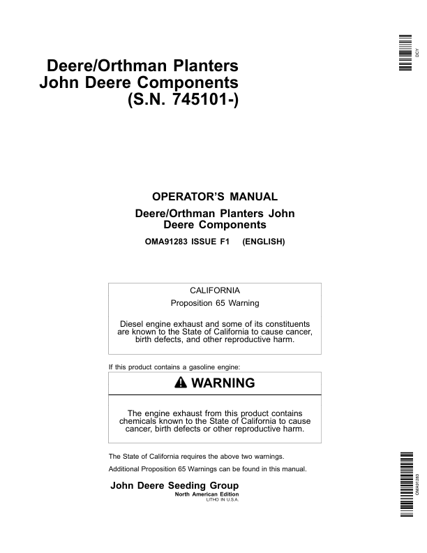 John Deere Components for Deere/Orthman Planters Worldwide Edition (745101-760100) Operator's Manual (OMA91283)
