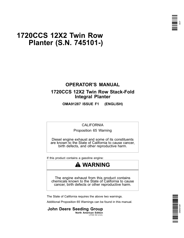 John Deere 1720CCS 12x2 Twin Row Planter (745101-) Operator's Manual (OMA91287)