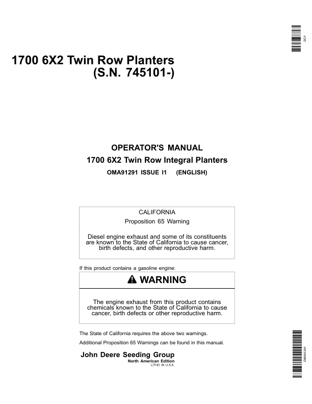 John Deere 1700 6x2 Twin-Row Planters (North American) Operator's Manual (OMA91291)