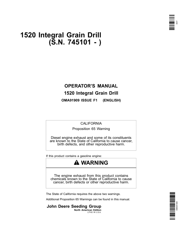 John Deere 1520 Integral Grain Drill (North America) (745101-750100) Operator's Manual (OMA91909)
