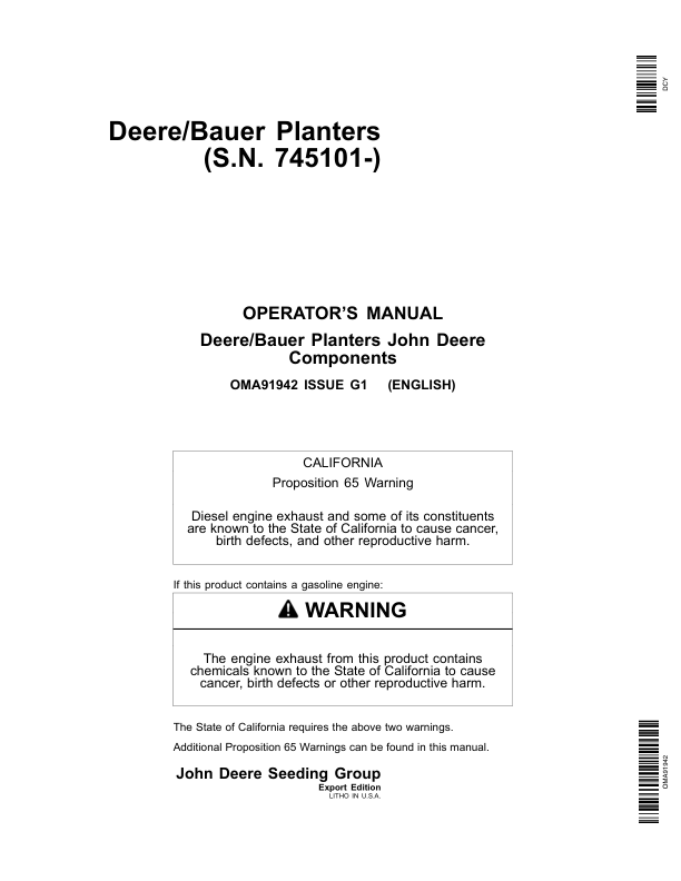 John Deere Components Metric Units for DB44, DB58, DB60, DB66, DB80, DB88, DB90, & DB120 Deere/Bauer Planters Worldwide Edition (745101-750100) Operator's Manual (OMA91942)