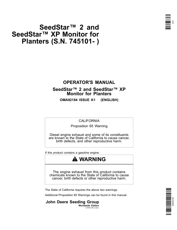 John Deere SeedStar & SeedStar XP Monitors Worldwide Edition (745101-750100) Operator's Manual (OMA92184)